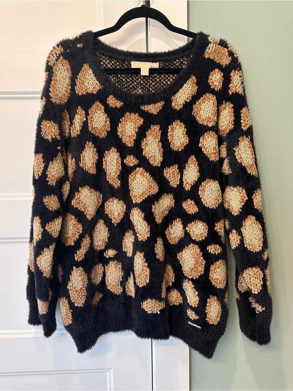 MICHAEL Michael Kors Black and Tan Leopard-Print Crewneck Sweater